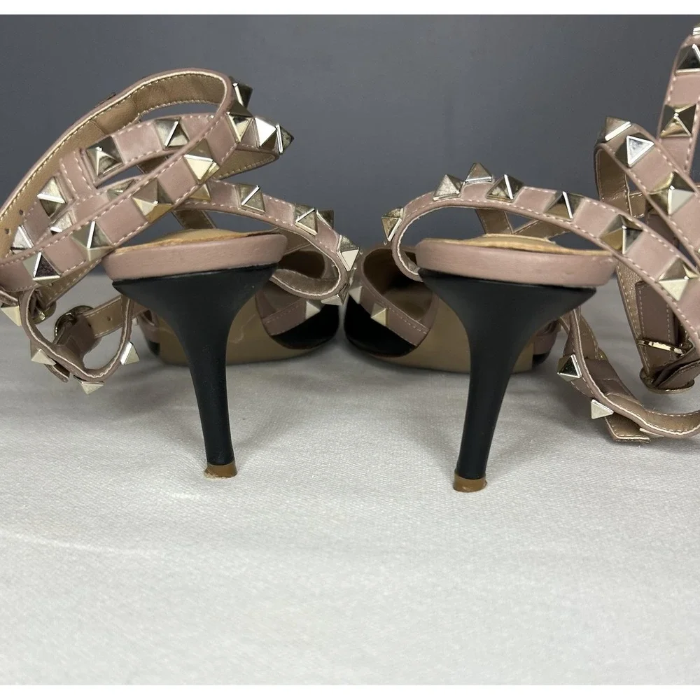 Kaitlyn Pan Shoes Womens 9 Black Studded Strappy Ankle Strap Pointed Toe Heels